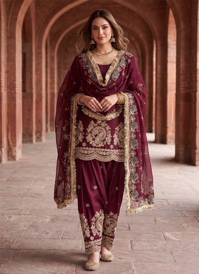 Wine Fandy Silk Embroidered Straight Pant Suit After Six Wear