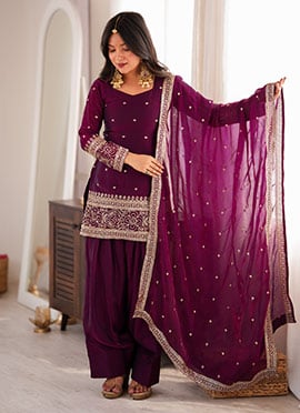 Wine Farshi Silk Sequins Embroidered Suit