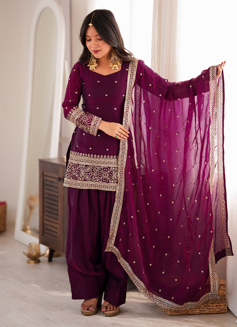 Wine Farshi Silk Sequins Embroidered Suit Festive Wear