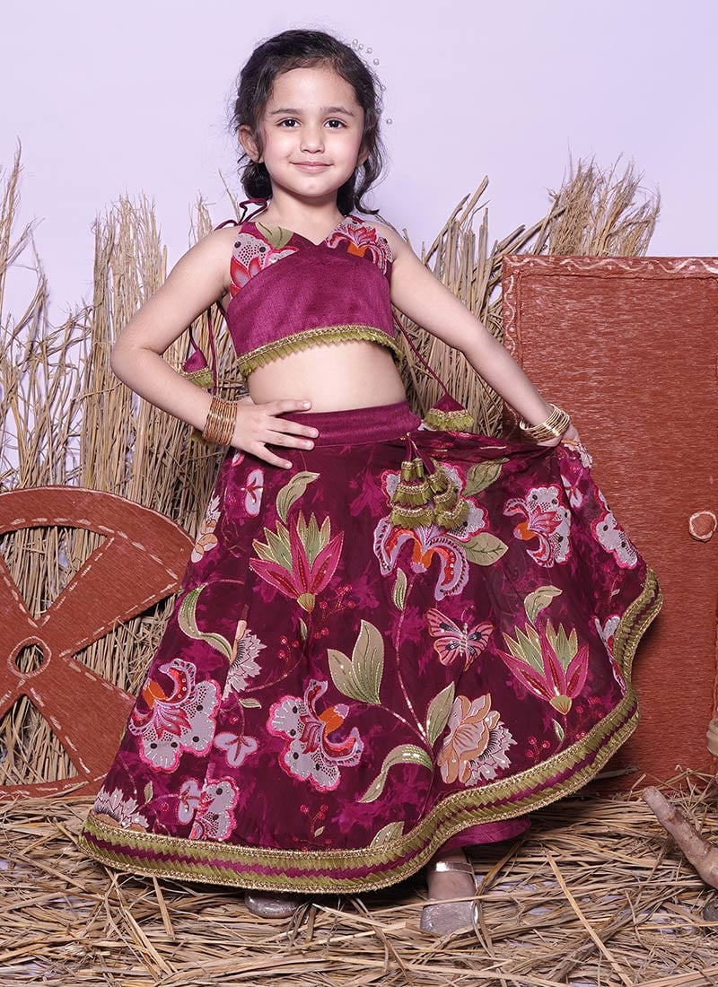 Wine Faux Chiffon Printed Embroidered Sequins Kids Girls Beautiful Lehenga
