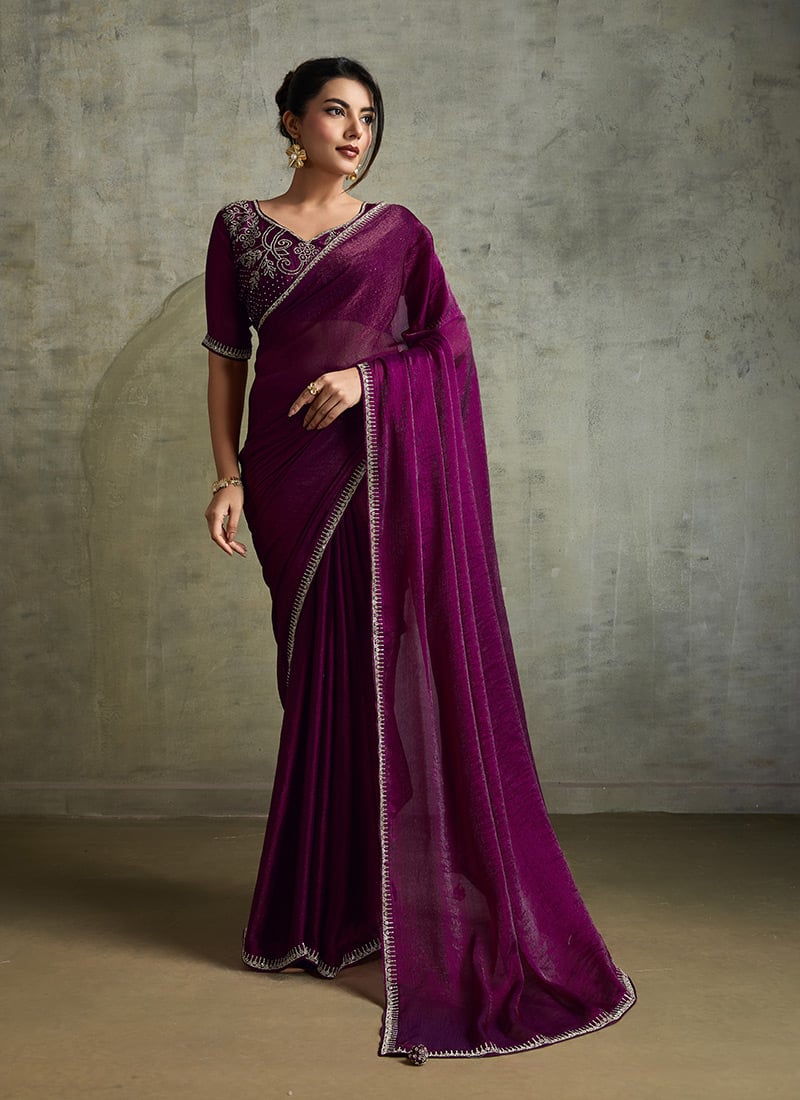 Wine Faux Chiffon Stones Saree  Festive Wear