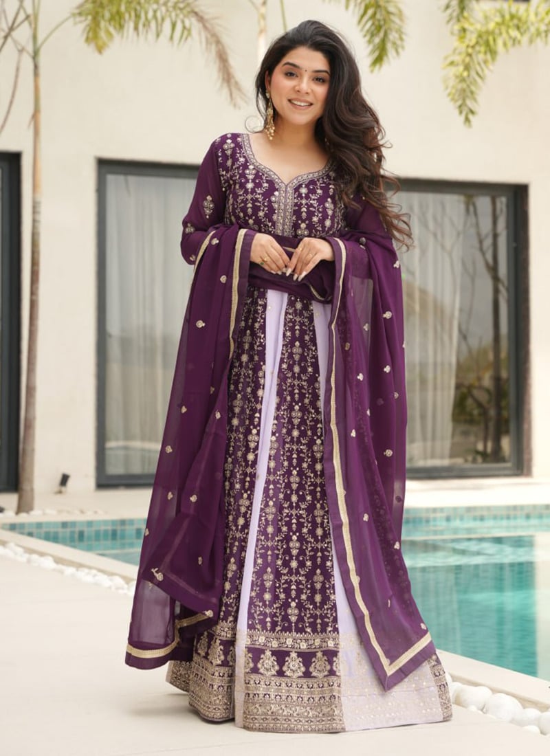 Wine Faux Georgette Anarkali Suit With Zari Sequins Embroidery
