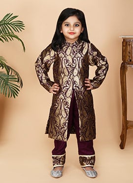Wine Faux Georgette Brocade Zari Kids Girls Kurta Straight Pant Set