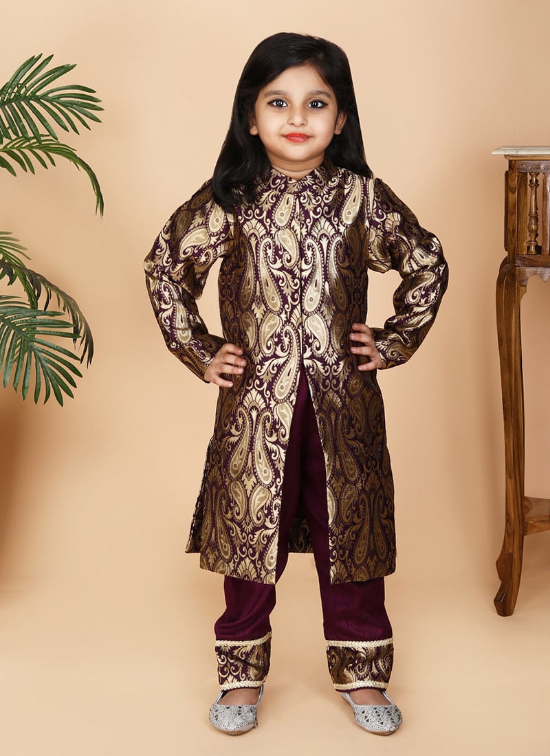 Wine Faux Georgette Brocade Zari Kids Girls Kurta Straight Pant Set Festive Wear
