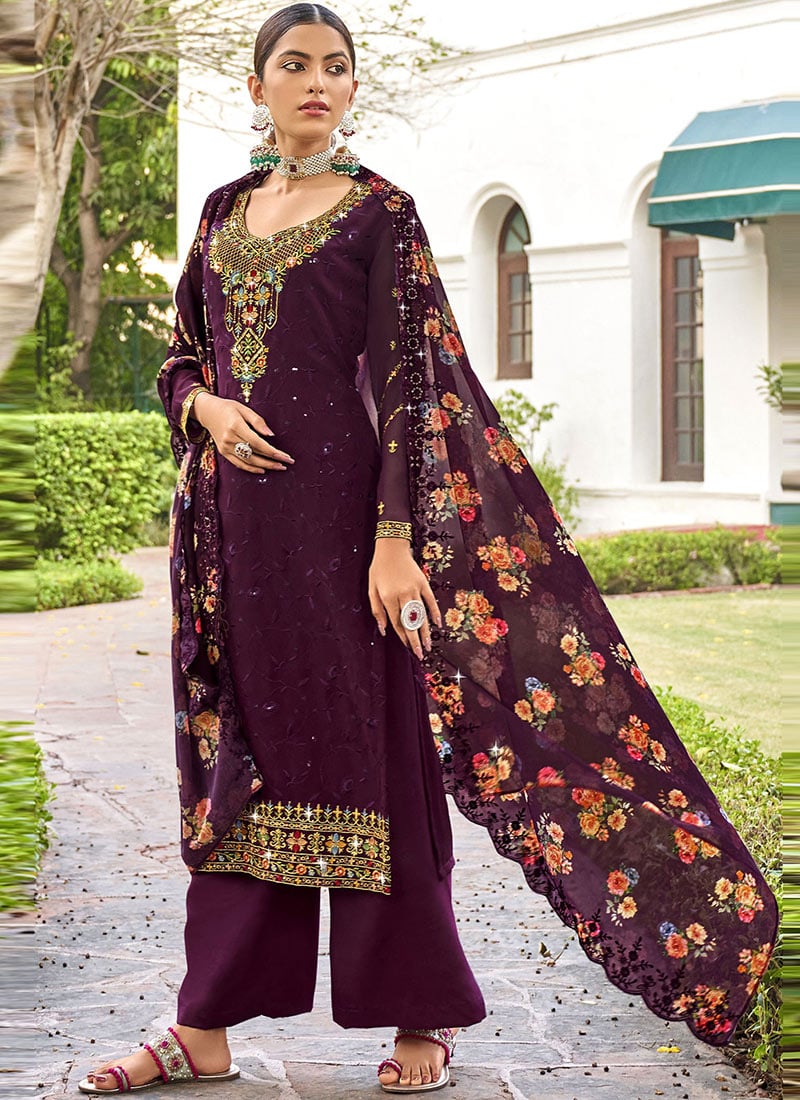 Wine Faux Georgette Digital Print and Embroidered Palazzo Suit Party Wear