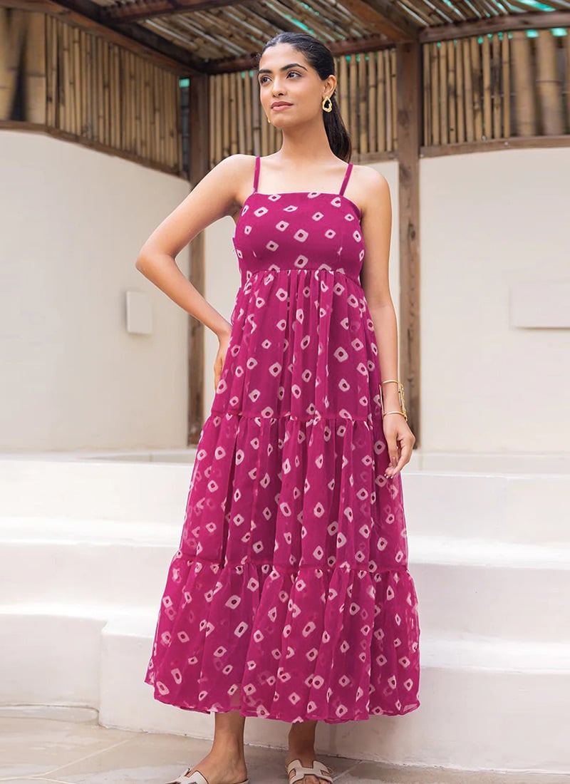 Wine Faux Georgette Digital Print Fit And Flare Dress After Six Wear