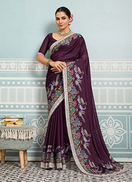 Wine Faux Georgette Digital Print Saree