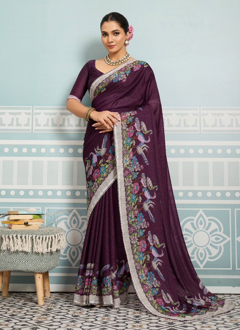 Wine Faux Georgette Digital Print Saree After Six Wear