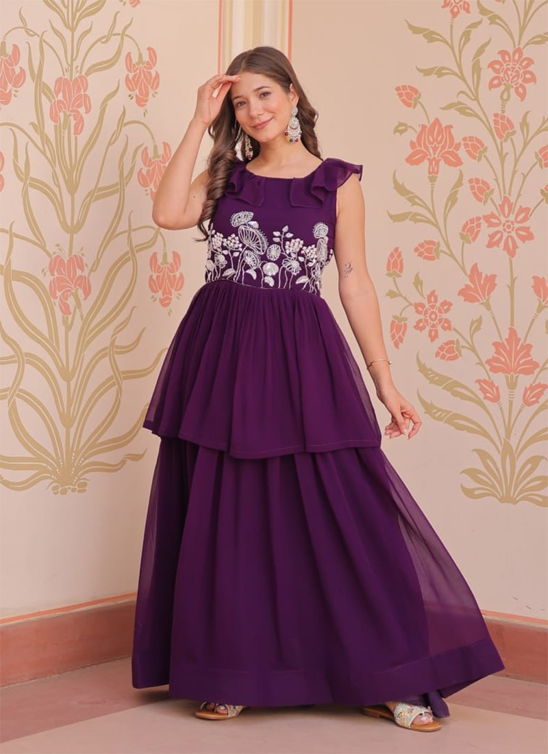 Wine Faux Georgette Embroidered Anarkali Gown
