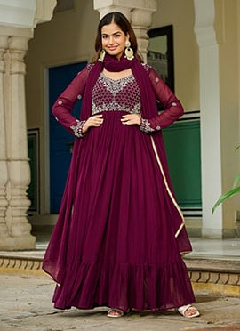 Wine Faux Georgette Embroidered Anarkali Suit