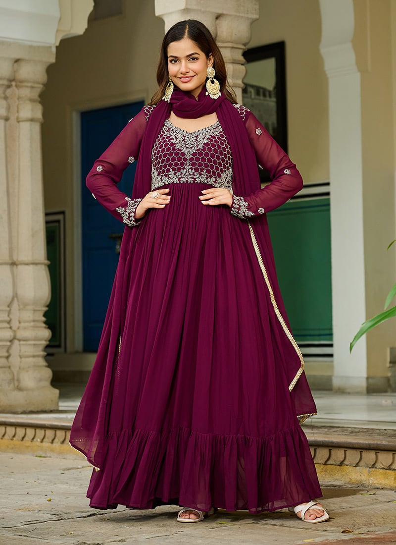 Wine Faux Georgette Embroidered Anarkali Suit Festive Wear