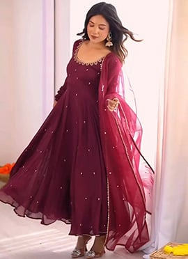 Wine Faux Georgette Embroidered Anarkali Suit