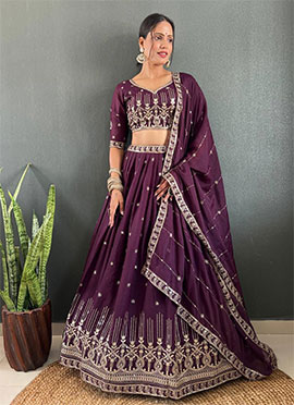 Wine Faux Georgette Embroidered And Sequined Lehenga