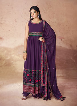 Wine Georgette Embroidered Kurta Palazzo Suit With Dupatta For Women