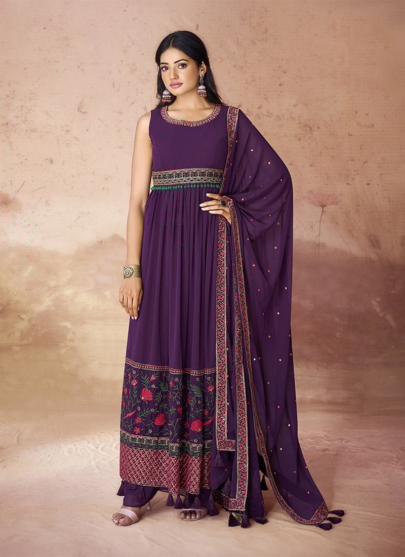 Wine Faux Georgette Embroidered Kurta Palazzo Suit With Dupatta For Women Party Wear