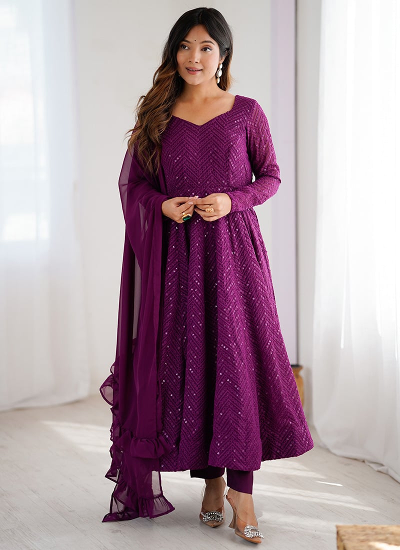 Wine Faux Georgette Embroidered Sequins Anarkali Suit Festive Wear