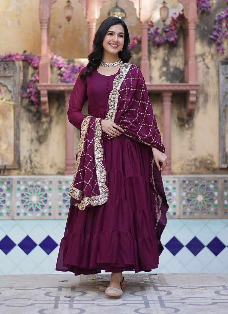 Wine Faux Georgette Embroidered Sequins Anarkali Suit