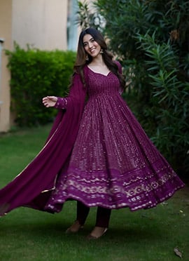 Wine Faux Georgette Embroidered Sequins Anarkali Suit