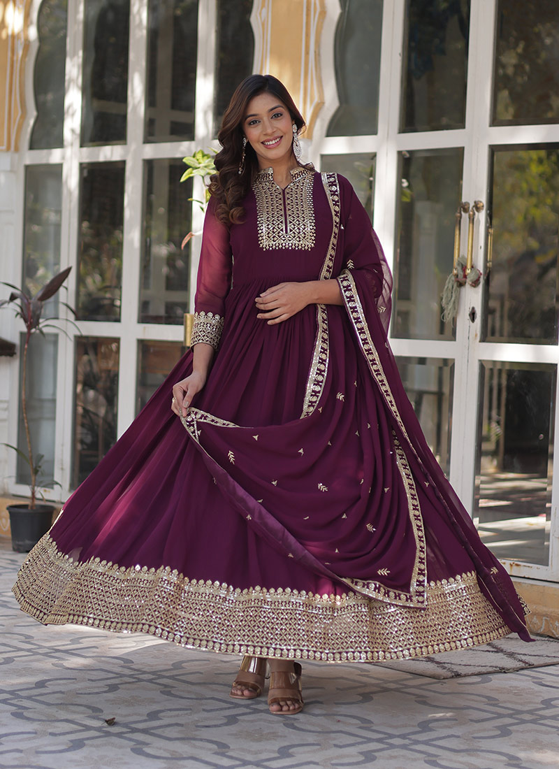 Wine Faux Georgette Embroidered Sequins Elegant Anarkali Suit