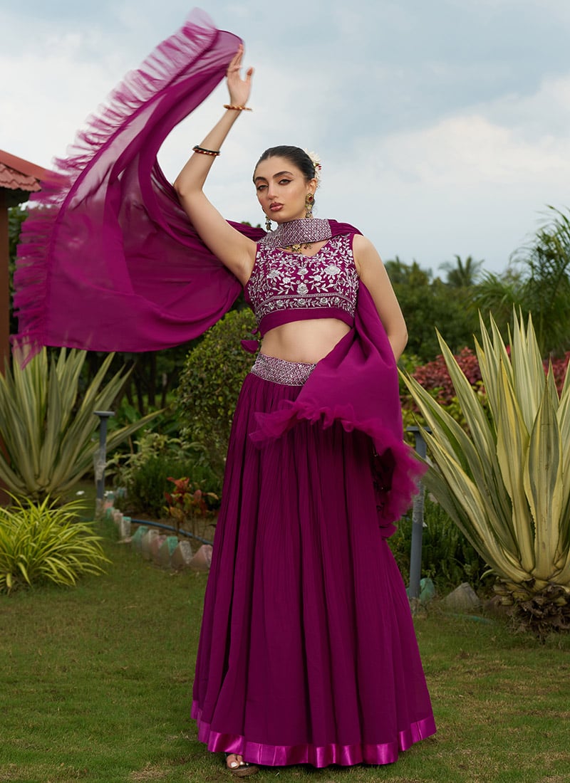 Wine Faux Georgette Embroidered Sequins Elegnat Lehenga Wedding Wear