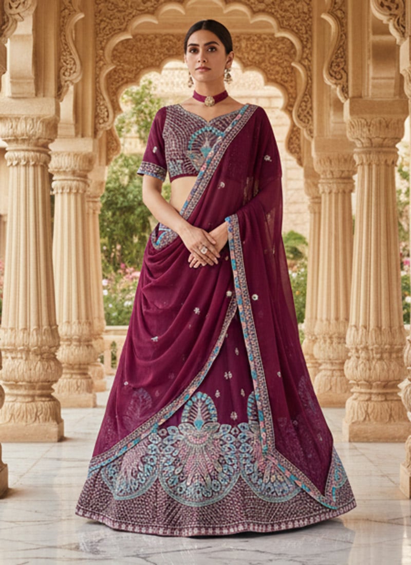 Wine Faux Georgette Embroidered Sequins Lehenga Wedding Wear