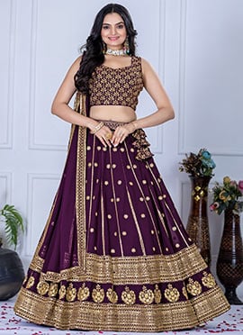 Wine Faux Georgette Embroidered Sequins Lehenga