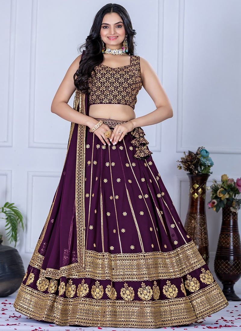 Wine Faux Georgette Embroidered Sequins Lehenga Festive Wear