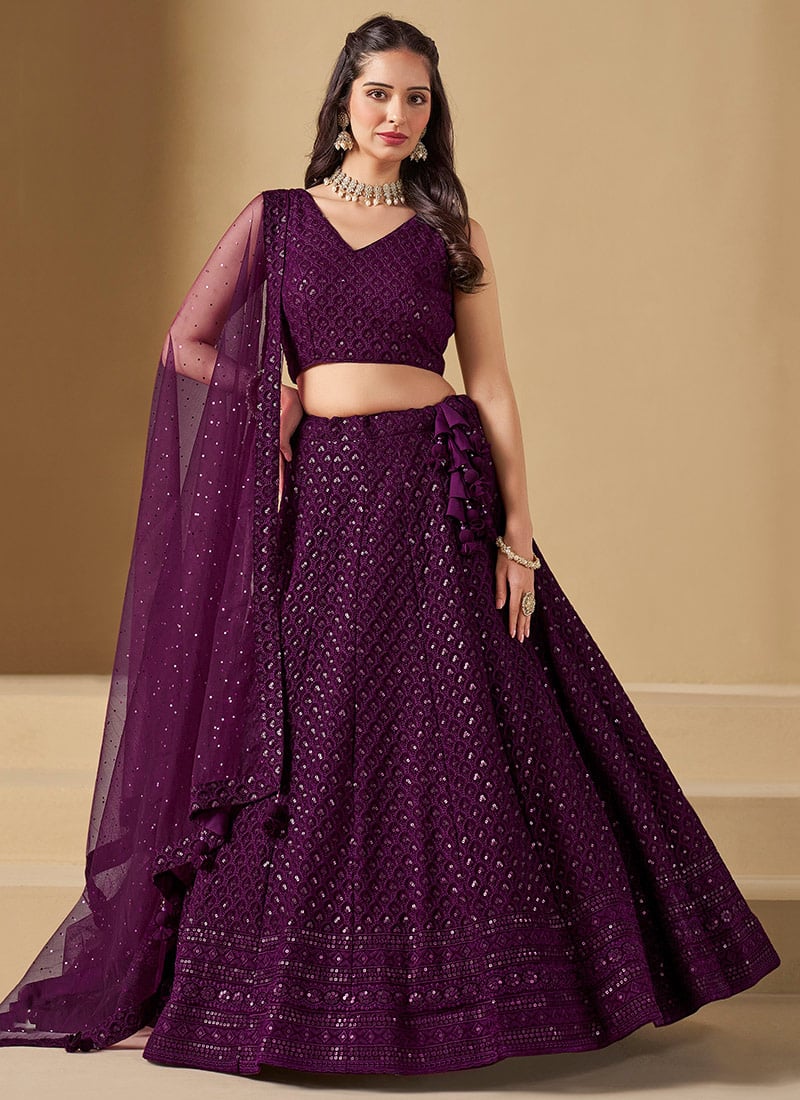 Wine Faux Georgette Embroidered Sequins Lehenga