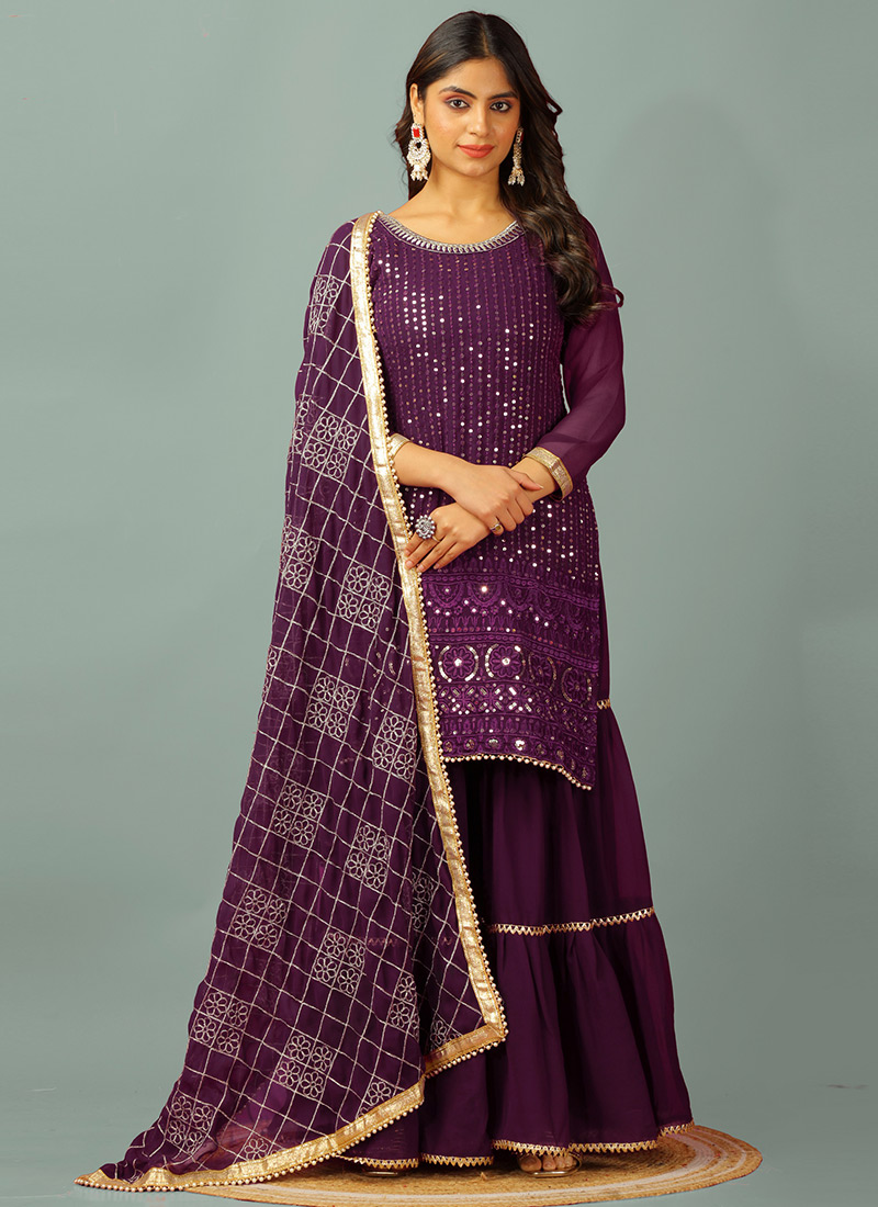Wine Georgette Embroidered Sequins Sharara Suit Festive Wear