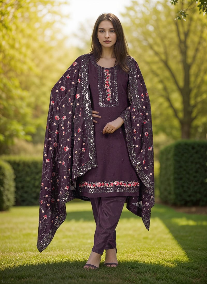 Wine Faux Georgette Embroidered Sequins Straight Pant Suit Festive Wear
