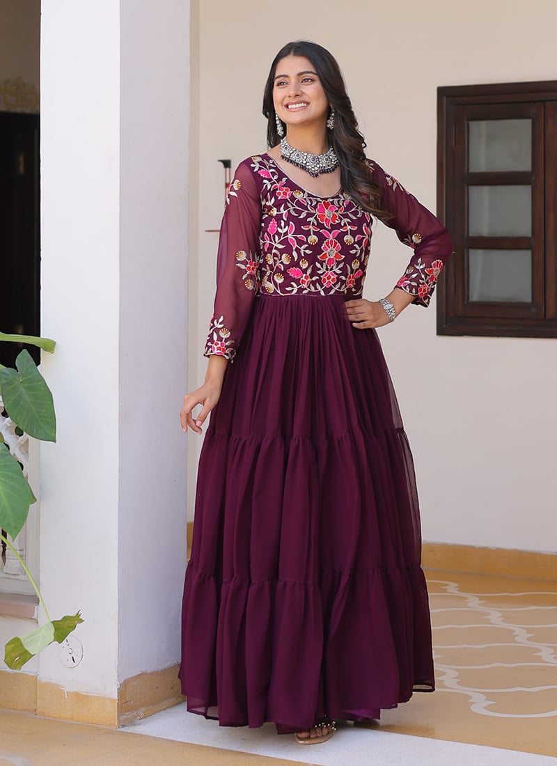 Wine Faux Georgette Embroidered Sequins Stunning Anarkali Gown Festive Wear