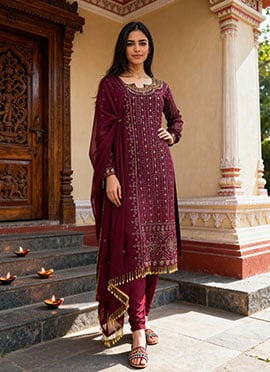 Wine Faux Georgette Embroidered Sequins With Mirror Work Straight Pant Suit
