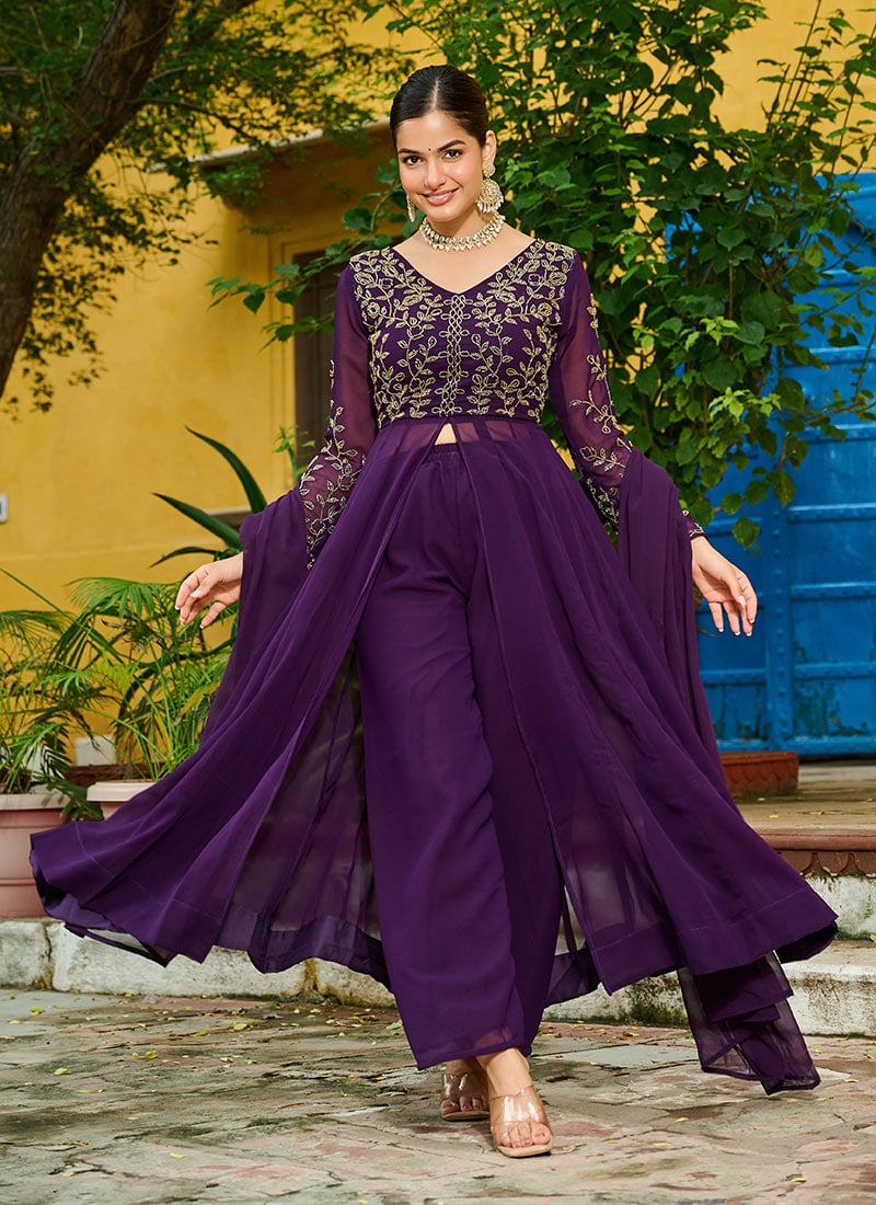 Wine Faux Georgette Embroidered With Beads Work High Slit Straight Pant Suit Festive Wear