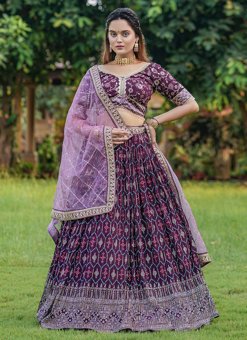 Wine Faux Georgette Foil Print Umbrella Lehenga Wedding Wear