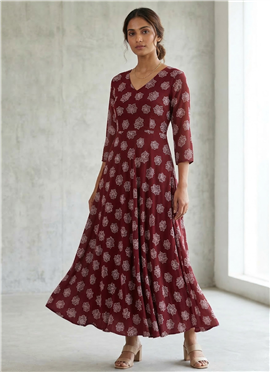 Wine Faux Georgette Printed Maxi Dress