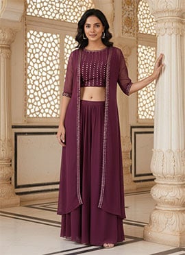Wine Faux Georgette Resham Foil Work Indowestern Set