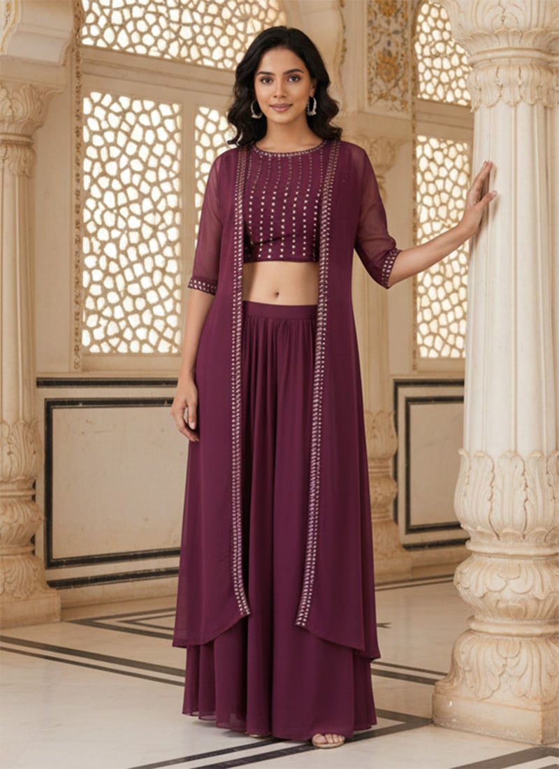Wine Faux Georgette Resham Foil Work Indowestern Set After Six Wear