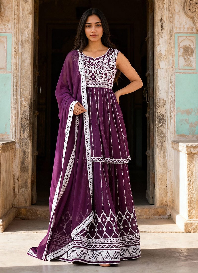 Wine Faux Georgette Sequins A Line Lehenga Festive Wear