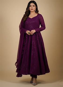 Wine Faux Georgette Sequins Anarkali Suit