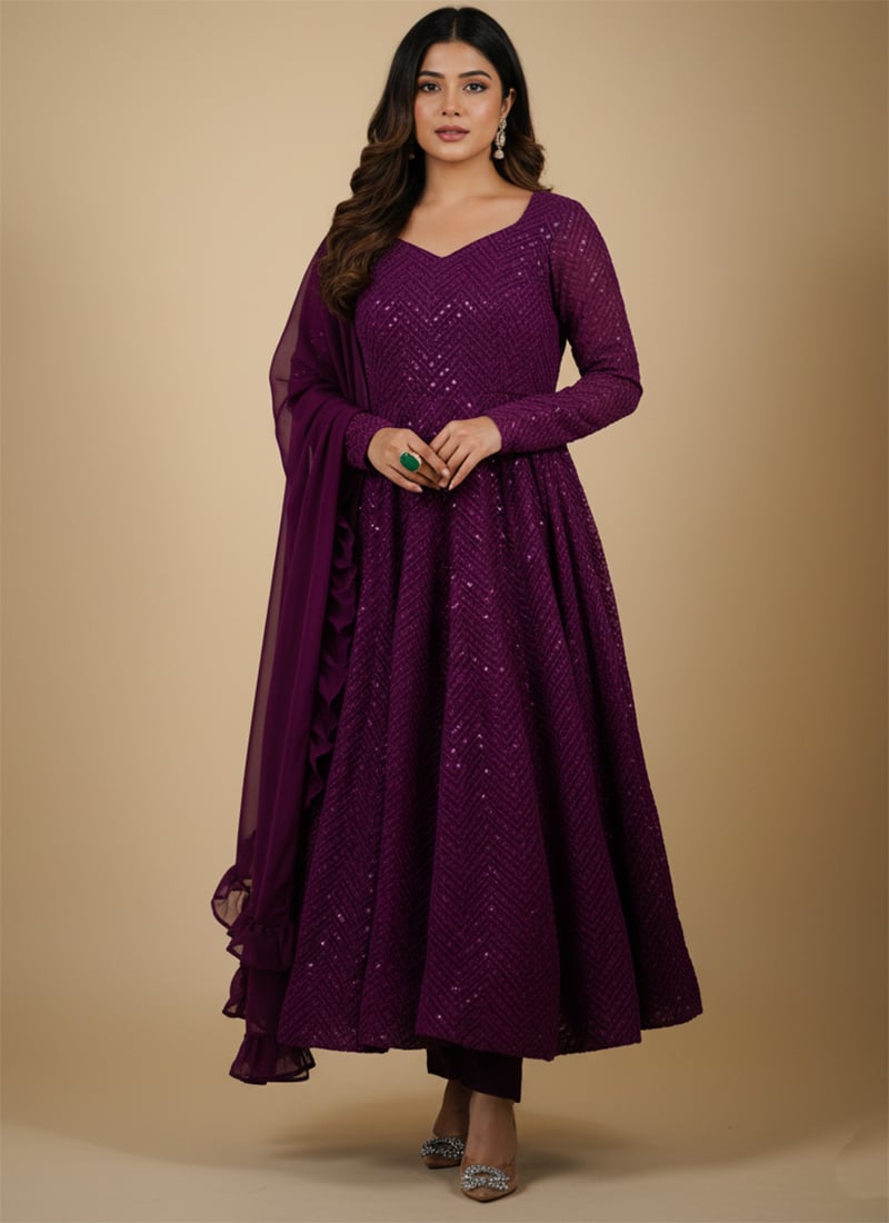 Wine Faux Georgette Sequins Anarkali Suit Festive Wear