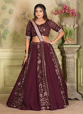 Wine Faux Georgette Sequins Embroidered Umbrella Lehenga