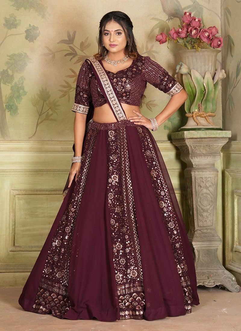 Wine Faux Georgette Sequins Embroidered Umbrella Lehenga Wedding Wear