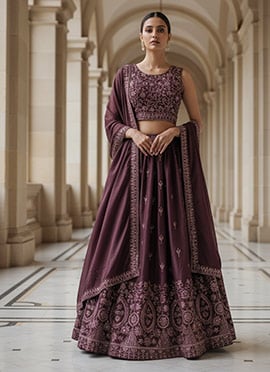 Wine Faux Georgette Sequins Embroidered Wedding Lehenga Choli