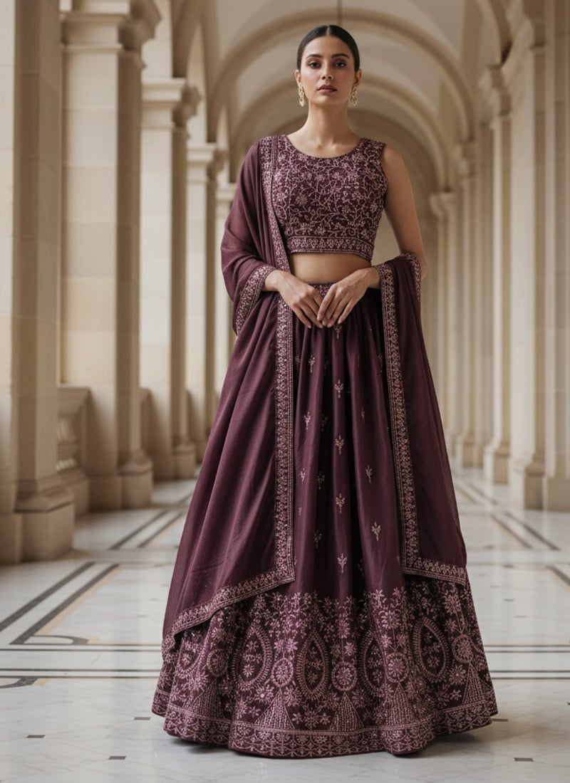 Wine Faux Georgette Sequins Embroidered Wedding Lehenga Choli Wedding Wear