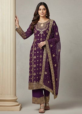 Wine Faux Georgette Sequins Embroidered Zari Palazzo Suit