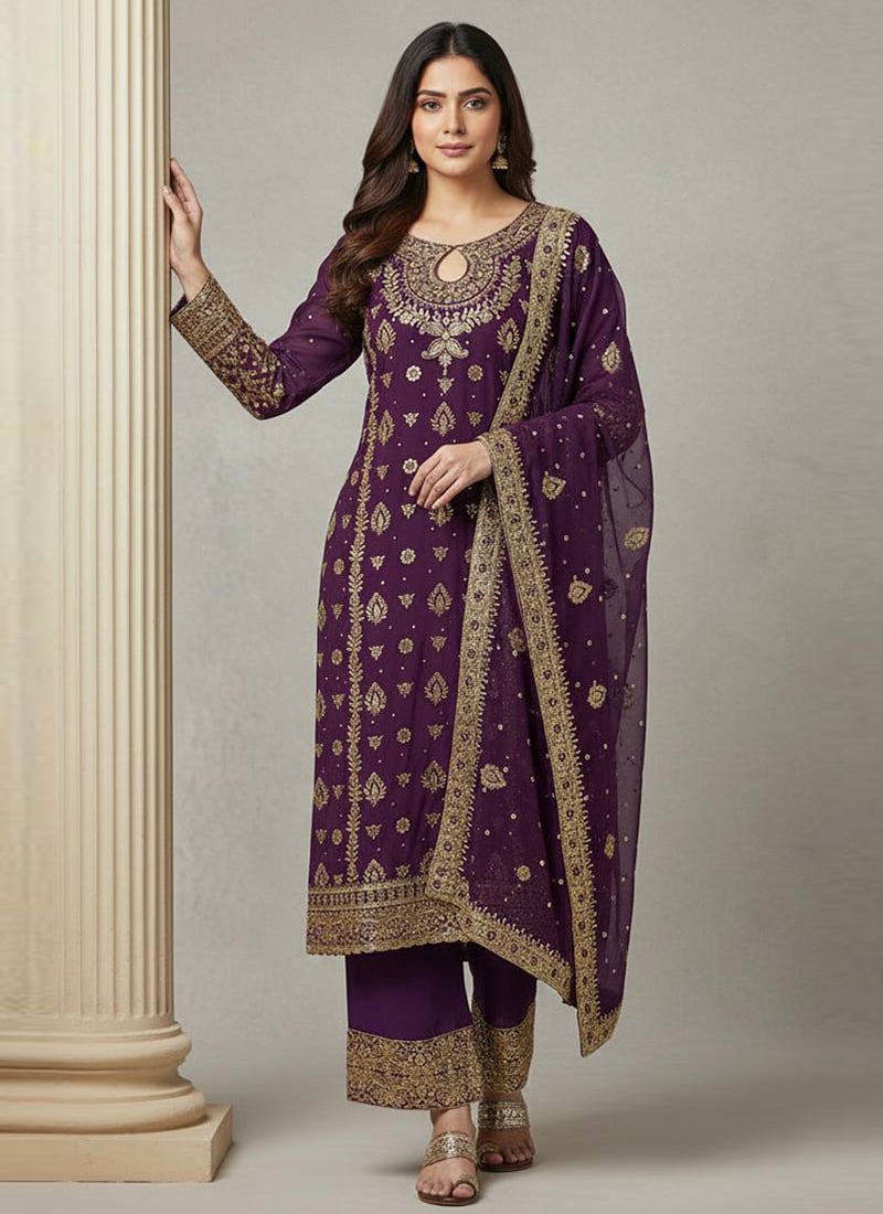Wine Faux Georgette Sequins Embroidered Zari Palazzo Suit   Festive Wear