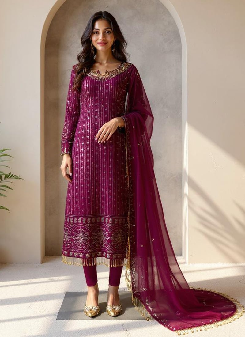 Wine Faux Georgette Sequins Mirror Work Straight Pant Suit