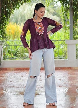Wine Faux Georgette Sequins Patch Work Peplum Top After Six Wear