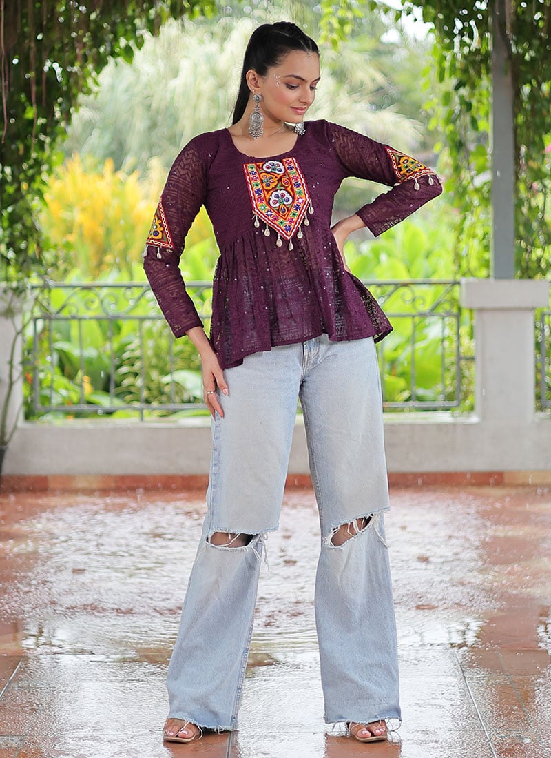Wine Faux Georgette Sequins Patch Work Peplum Top After Six Wear