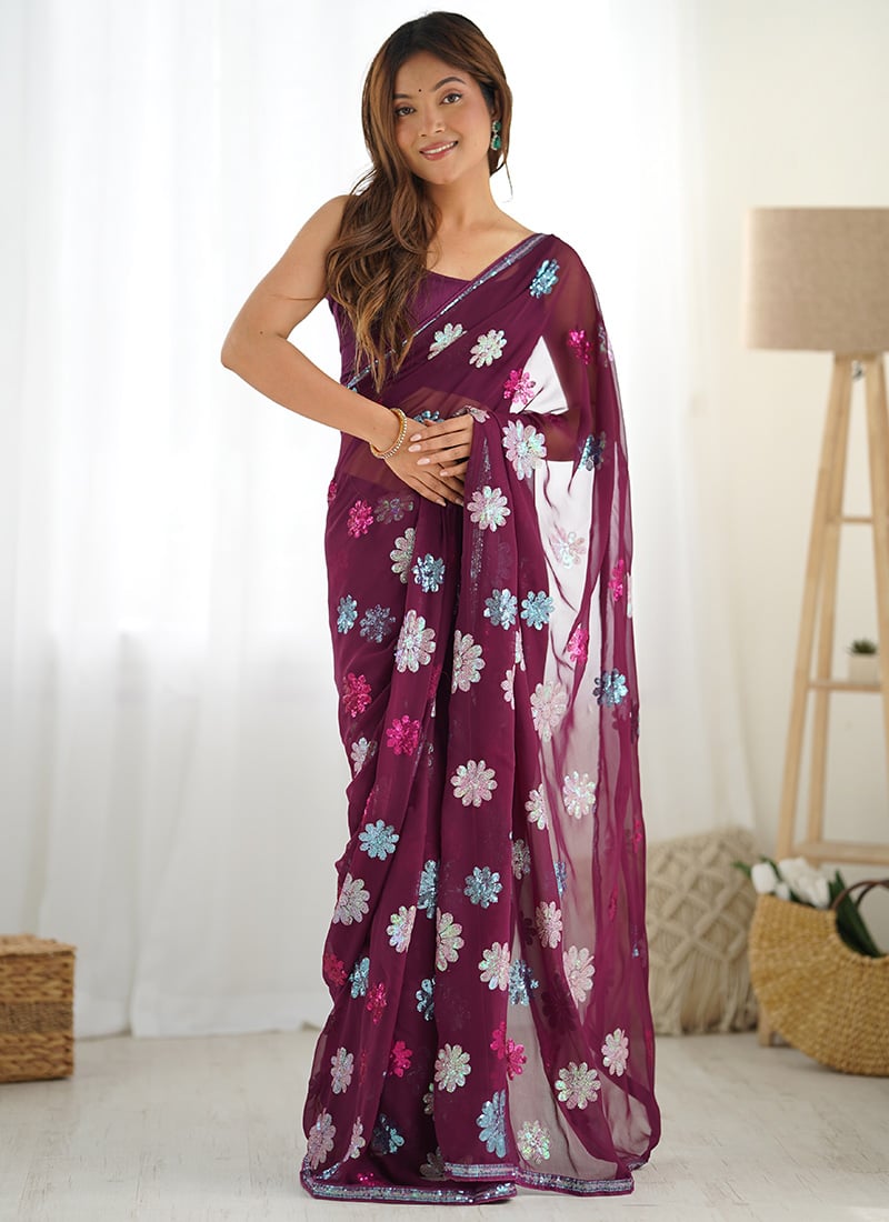 Wine Faux Georgette Sequins Regal Saree After Six Wear